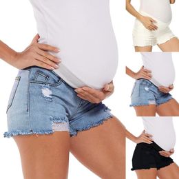 Women Maternity Elastic Band Jeans Solid Colour Ripped Denim Shorts Bottoms 2772