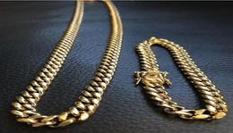 10mm Mens Cuban Miami Link Bracelet Chain Set 14k Gold Plated Stainless Steel233W6648934