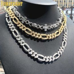 Chains New Iced Out Cubic Zirconia Figaro Necklace 12mm Silver Colour Prong Miami Cuban China CZ Charm Men Hip Hop Jewellery d240509