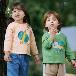 T-shirts Amila Baby T-shirt 2023 Spring New Boys and Girls Full Sleeves Cute Cartoon Print Contrast Collar 100% Cotton Childrens TopL240509