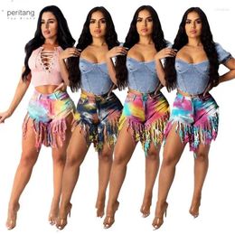 Women's Shorts 2024 Women Tie Dye Print Tassel Mid Waist Sexy Ripped Jeans Fashion Summer Short Denim Trousers Pants