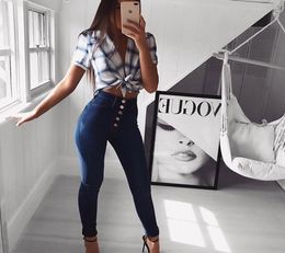 Amazon wise popular 2019 European and American high waist hip lifting slim fit button down jeans womens pants for border exclusive use1034621