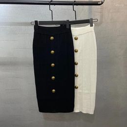 Skirts Row Buttons Deco Knit Pencil Skirt For Women Solid Black 2024 Spring High Quality Elastic Waist White Mid-Calf