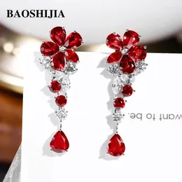 Dangle Earrings BAOSHIJIA Solid 18k White Gold Flower Ruby Eternity Diamonds Genuine Gemstone Jewelry Delicated Texture Valentine's Day