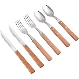 Sets Flatware Spoons Cutlery Dinner Knife and Fork Set 304 Stainless Steel with Wooden Wide Handles Tableware Dinnerware Hles ware