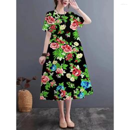 Party Dresses Summer Vector Printing Craft Casual Round Neck Short Sleeve Dress Imitation Linen Fabric Light Breathable Comfortable