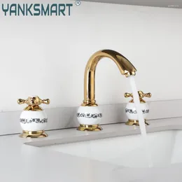 Bathroom Sink Faucets YANKSMART 3 PCS Gold Faucet With Ceramic Handles Deck Mounted Basin Mixer Water Tap Bathtub Torneira