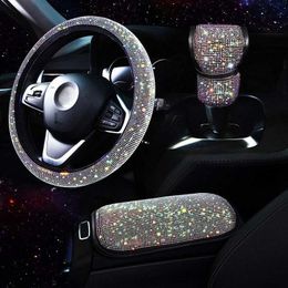 Steering Wheel Covers 3Pcs Women Steering Wheel Cover Gear Cover Armrest Pad Bling Auto Decortion Styling Car Accessories Set T240509