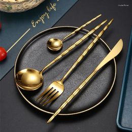 Dinnerware Sets Gold Creative 304 Stainless Steel Tableware Set Bamboo Handle Western Round Head Spoon Knife Fork Cutlery For Kitchen
