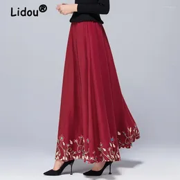 Skirts Women Vintage Ethnic Style Embroidery Cotton Linen Maxi Skirt Female Elegant High Waist Pleated Swing A Line Falda Largas