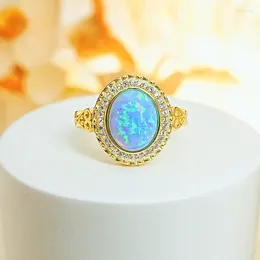 Cluster Rings 2024 925 Silver Blue Opal Aobao Oval Vintage Fashion Ring Set With High Carbon Diamond Style Versatile Wedding Jewelry
