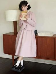 Work Dresses Asymmetric Front Short Woollen Coat Women's Autumn And Winter Vintage Pleated Skirt Set Loose Fit Cinjunto De Dos Piezas Mujer