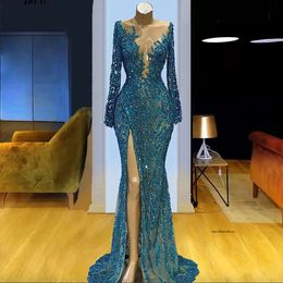 Sparkly Mermaid Evening Dress Lace Sequin Long Sleeve Prom Gowns Sheer Neckline Beading Formal Dresses Vestidos De Novia 0509