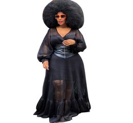 Black Sheer Mesh See Through Plus Size Dress Women Deep V Neck Full Sleeve Fit and Flare Elegant Sexy Long Party Vestidos 2105194499410