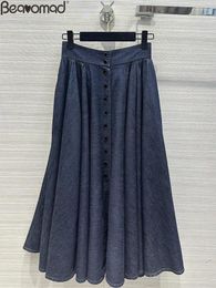 Skirts Baeromad Designer Fashion Summer Dark Blue Casual Cowboy Long Skirt Women's Middle Waist Slim Single Breasted A-Line