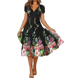 Casual Dresses 2024 Ladies Summer Vintage Vestido Women'S Fashion Personality Flower Printed V Neck Short Sleeved Dress Chic Clothes