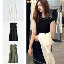 Casual Dresses 2024 Summer Women Fashion Acetic Blend Sleeveless Slim Tank Dress Elegant Lady OL All Match O-neck High Waist A-line