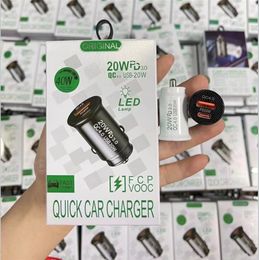 QC3.0 Car Charger Fast Charging White Black Dual Port Mini Car Phone Power Adapter PD 20W USB 20W Type C Charge Car Charge Car Adapter with box