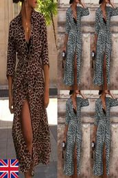 Womens Boho Long Maxi Dress Ladies Party Leopard Dresses Summer Beach Sundress Autumn Long Sleeve Deep VNeck High Split Dress8444008