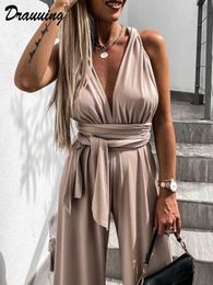Others Apparel Drauuing Dp V Neck Jumpsuit Summer Slveless Sexy Backless Laceup Straight Wide Leg Jumpsuit Pants Romper Women Solid Y240509