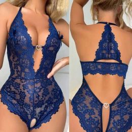 Womens Sleepwear One Piece Close Fitting Clothes Transparent Lace Sexy V neck Backless Crotch Free Open Lingerie Mini Short Nightdress ZZ