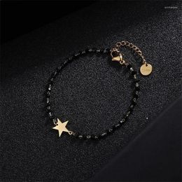 Charm Bracelets Rosary Style Sideways Heart Star Cross Bracelet Black Beades Gold Color Stainless Steel Chain For Women Girls