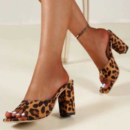 Dress Shoes for Women 2023 Hot Square Open Toe Womens High Heel Summer Casual Party Pump Ladies Leopard Solid Female Chunky Mules H240509