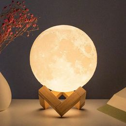 8cm Moon Lamp LED Night Light Battery Powered With Stand Starry Bedroom Decor Lights Kids Gift 240508