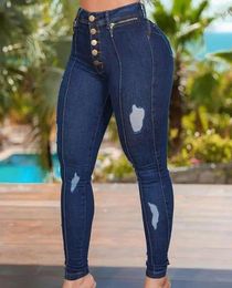 Women's Jeans Fashion Blue 2024 Spring Button Zipper Detail Casual Plain Pocket Design Skinny Long Ripped Streetwear