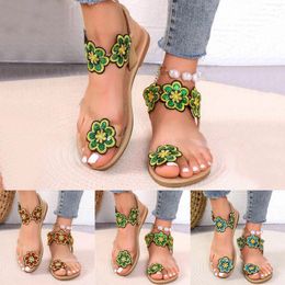 Slippers Flip Flops Woman Women'S Large Size Flower Flat Sandals Border Resort Style Thong Elastic Band Beach Zapatos Mujer