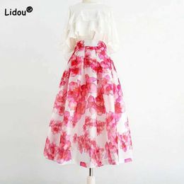 Skirts Fashionable and elegant womens floral print Midi womens dress 2023 summer Korean casual high waisted A-Line ball dressL2405