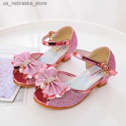 Slipper Sandals Girls Princess Glitter Bowknot Spring Summer Versatile Children High Heels Sequins Elegant Kids Party Dress Single Shoes Q240409