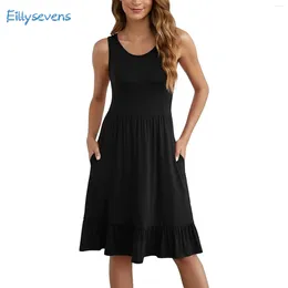 Casual Dresses Women'S Tank Dress Summer Round Neck Pleated Ruffle Daily Commute Date Vacation All-Match Straight