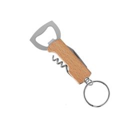 Bottle Opener Wooden Handle Openers Keychain Knife Pulltap Double Hinged Corkscrew Stainless Steel Key Ring Opening Tools Bar