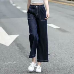Women's Jeans Dark Blue Wide Leg For Women 2024 In High Waist Loose Straight Angle Length Casual Big Pocket Denim Pants