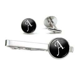Cuff Links 26 letter printed personalized mens tie clip and cufflink set shirt set cufflink wedding jewelry Fathers Day gift Q240508