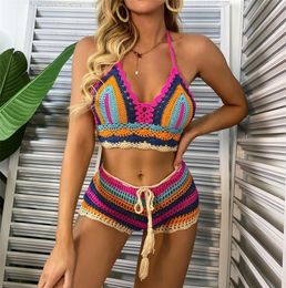 Crochet Bikini Sets Multi Color Knitted Rainbow Striped Off Shoulder Top Bottom Bikini Beachwear Bathing Suit Women Swimsuit 2202834727