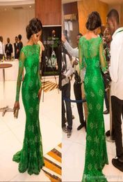 New Elegant Red Carpet Miss Nigeria Real Image Green Lace Celebrity Dresses Sheer Scoop Long Sleeves Mermaid Evening Formal Gowns8413596