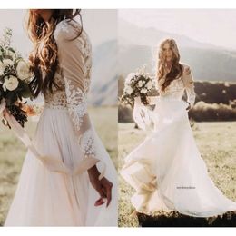 2021 Bohemian Country Wedding Dresses With Sheer Long Sleeves Bateau Neck A Line Lace Applique Chiffon Boho Bridal Gowns Cheap 0509