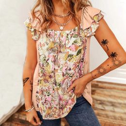 Women's Tanks Tops 2024 Summer Fashion Floral Printed Square Neck Ruffled Sleeveless T Shirt Retro Casual Versatile Vest