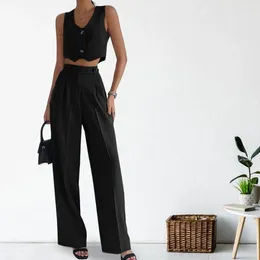 Women's Two Piece Pants Women Floor-length Wide-leg Stylish Office Suit Set With Sleeveless Crop Top Wide Leg For Commute