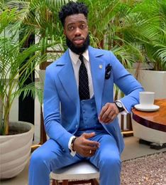 Sky Blue Slimt Fit Mens Suits Three Pieces Notched Lapel Wedding Blazers Custom Made Men Tuxedos With Jackets Vests And Pants4999595