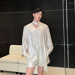 Men's Casual Shirts Men Loose Long Sleeve Dress Shorts 2 Pieces Sets Korean Streetwear Show Blouse Stage Clothes Performance Costumes