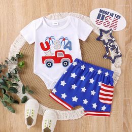 Clothing Sets Boys 4th Of July Shorts Short Sleeve Letter Car Embroidery Romper Star Stripe Print