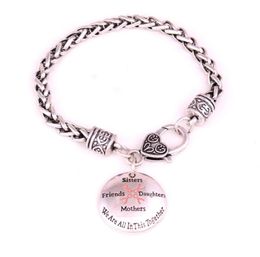 Breast Cancer Awareness Pink Ribbon Sisters Friends Daughters Mothers We Are In This Together Charm Wheat Link Leather Chain Brace1972946