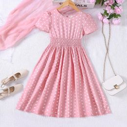 Girl Dresses 2024 Summer Arrival Girls Short Sleeve O Neck Dot Pink Designer Cute Party Princess Dress Custume 4-9T