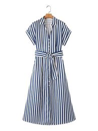 Basic Casual Dresses Fitshinling Striped Slim A-Line Midi Dresses With Belt Fashion Shirt Dress Women Clothing Casual Buttons Up Vestidos Femme 2023 T240508