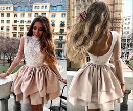 Charming Homecoming Dresses High Neck Lace Long Sleeve Short Party Backless Women tail Dress A Line Plus Size Prom Gowns 0509
