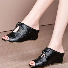Slippers Lace Up Women Genuine Leather Med Heel Mules Female Pointed Toe Pumps Shoes Wedges Roman Gladiator Sandals Casual