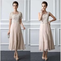 Mother Of The Bride Dresses Tea Length Lace Formal Gowns With Jacket Square Neck Elegant Two Pieces Wedding Mothers Groom Dress 0509